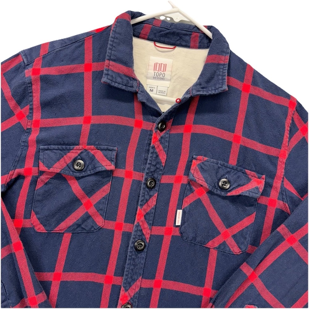 Topo Designs Flannel Shirt Mens M Red Blue Window Pane Button Up Loop Collar